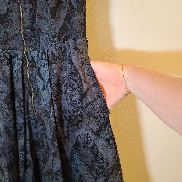 Cue Australia A-Line Dress Zip Front Sleeveless Pockets Navy Jacquard AU 8/ US 6 - Picture 5 of 11